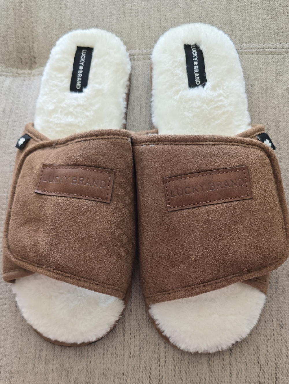 Lucky Brand Brown and Cream Plush Sherpa Slide Slippers Sz 11/12
